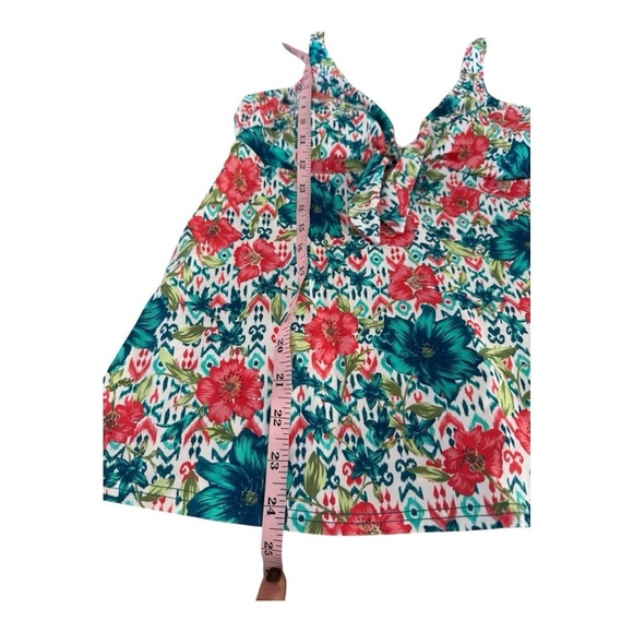 Swim Solutions Tropical Orange Blue Green Printed Bow Tummy-Control Tankini Top - Picture 4 of 8